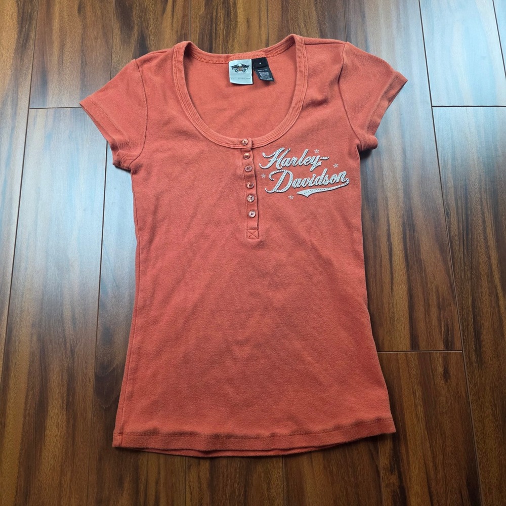 Harley-Davidson Womens Orange Rhinestone Henley Graphic T-Shirt Medium USA Made